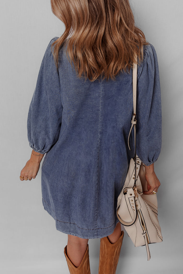 Sail Blue Pleated V Neck 3/4 Sleeve Denim Mini Dress Shewin