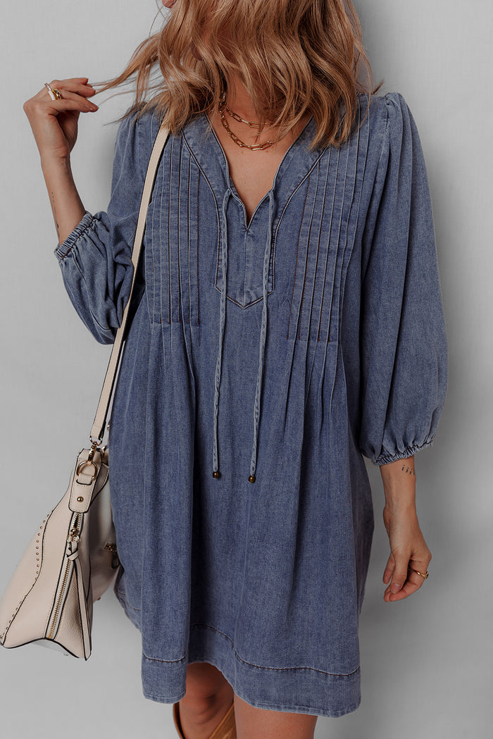 Sail Blue Pleated V Neck 3/4 Sleeve Denim Mini Dress Shewin
