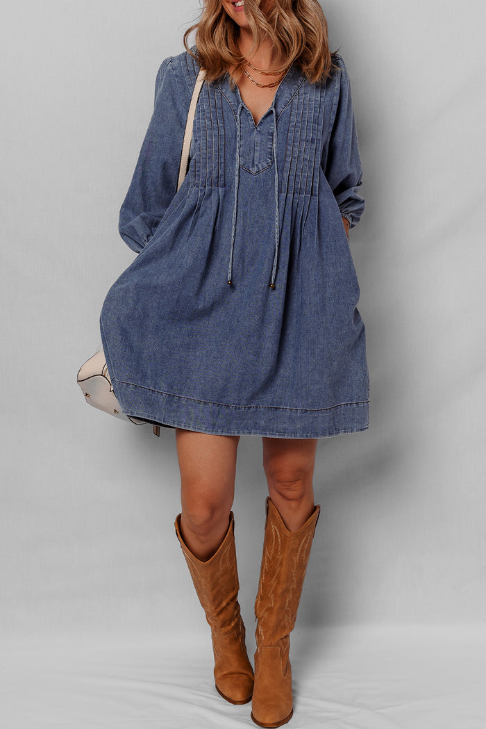 Sail Blue Pleated V Neck 3/4 Sleeve Denim Mini Dress Shewin