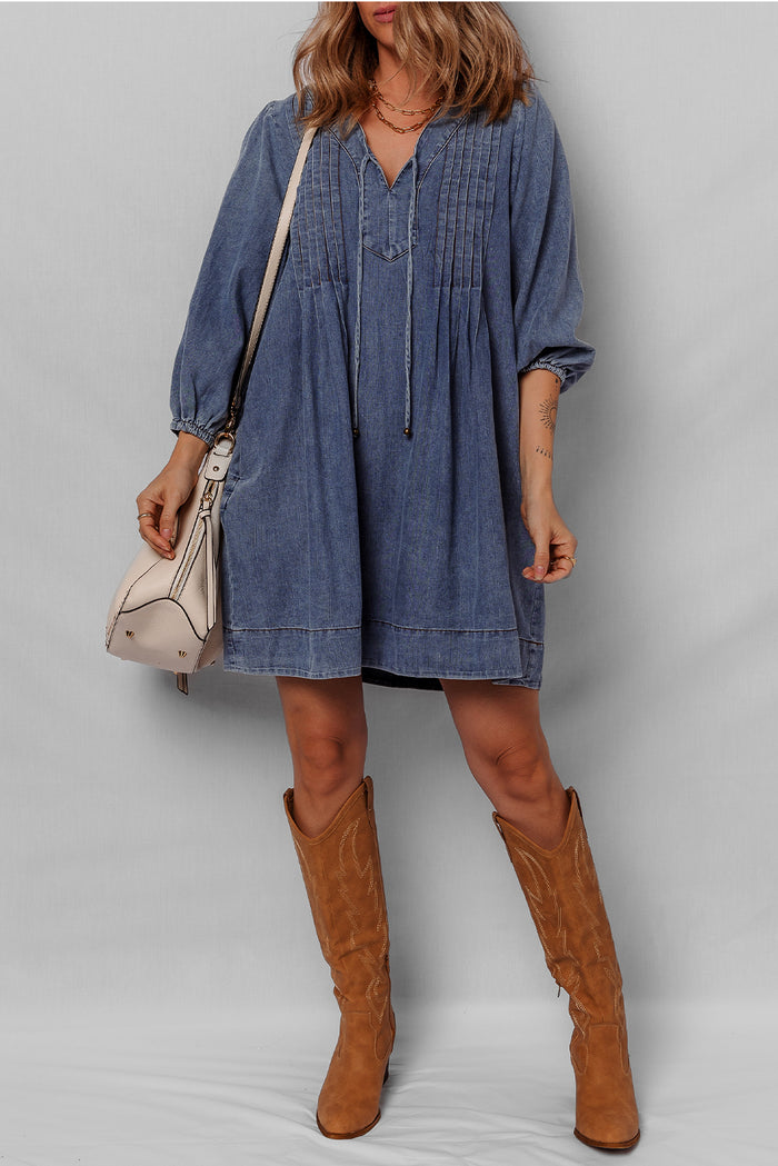 Sail Blue Pleated V Neck 3/4 Sleeve Denim Mini Dress Shewin