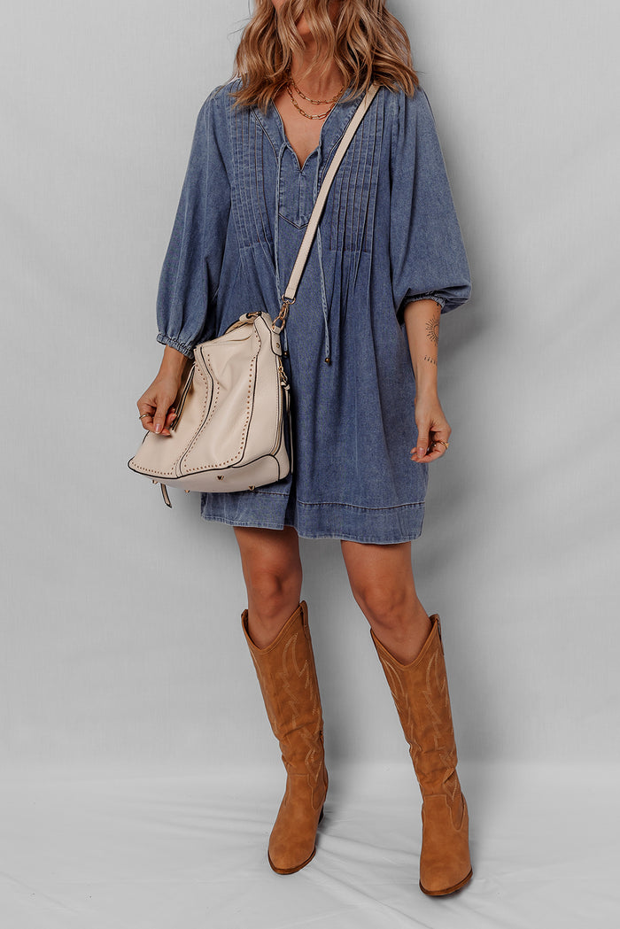 Sail Blue Pleated V Neck 3/4 Sleeve Denim Mini Dress Shewin