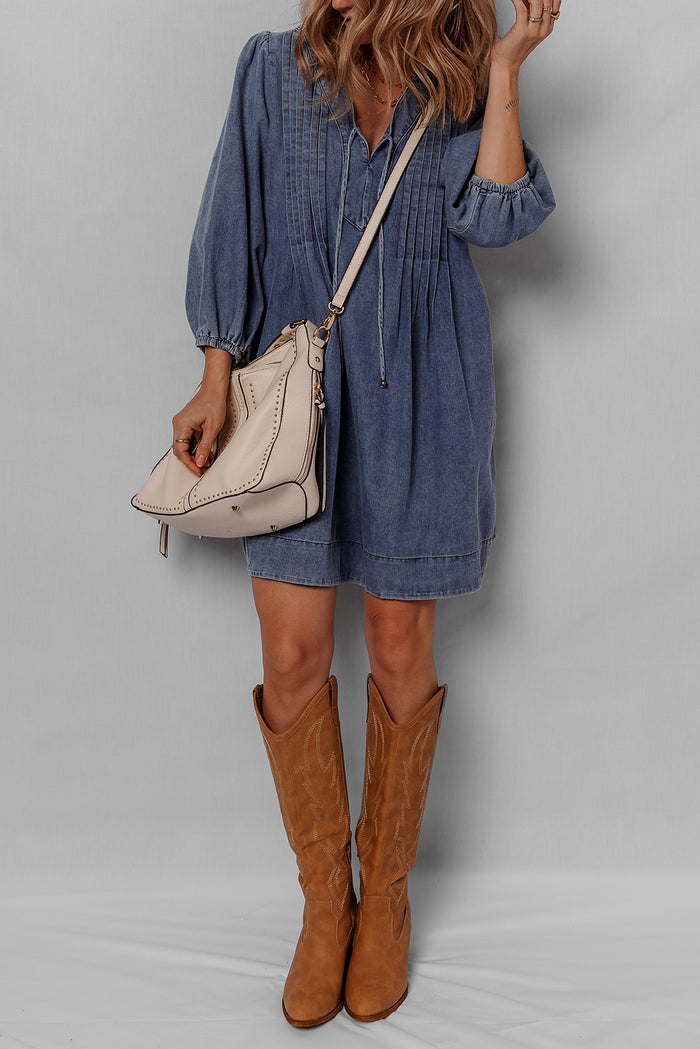Sail Blue Pleated V Neck 3/4 Sleeve Denim Mini Dress Shewin