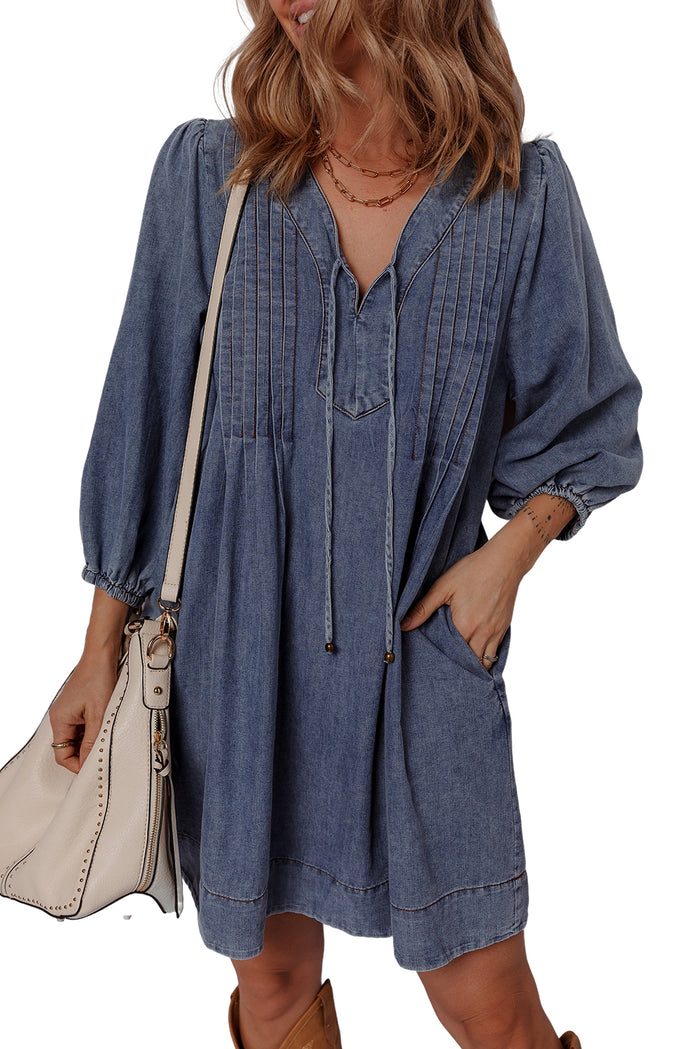 Sail Blue Pleated V Neck 3/4 Sleeve Denim Mini Dress Shewin