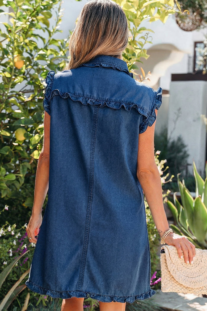Sail Blue Ruffled Edge Collared Shift Denim Dress with Pockets Shewin