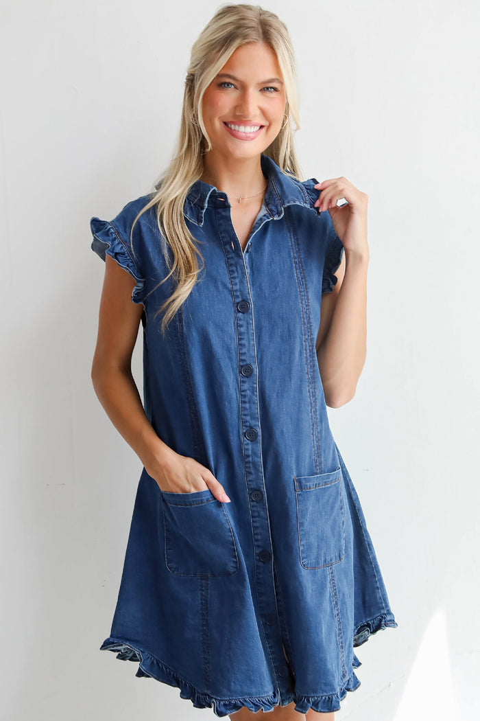 Sail Blue Ruffled Edge Collared Shift Denim Dress with Pockets Shewin