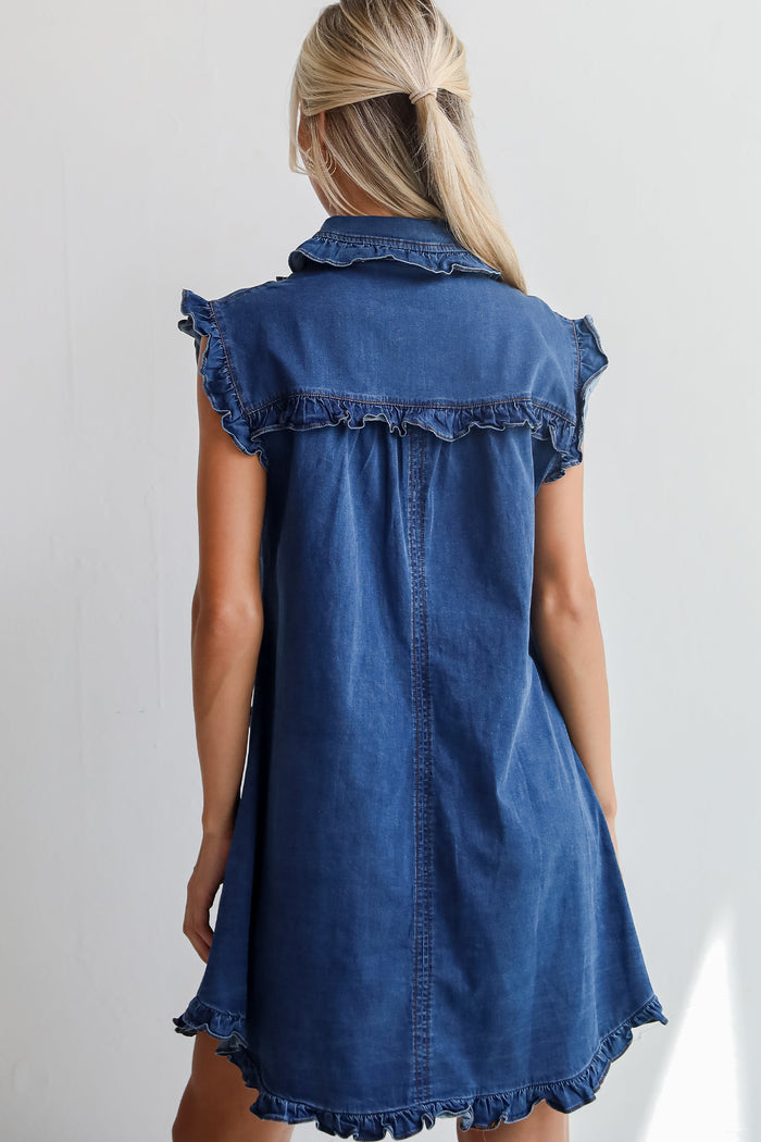 Sail Blue Ruffled Edge Collared Shift Denim Dress with Pockets Shewin