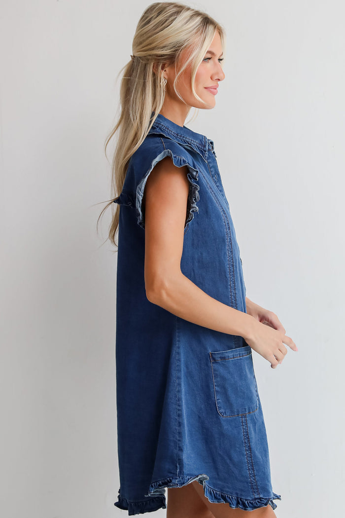 Sail Blue Ruffled Edge Collared Shift Denim Dress with Pockets Shewin