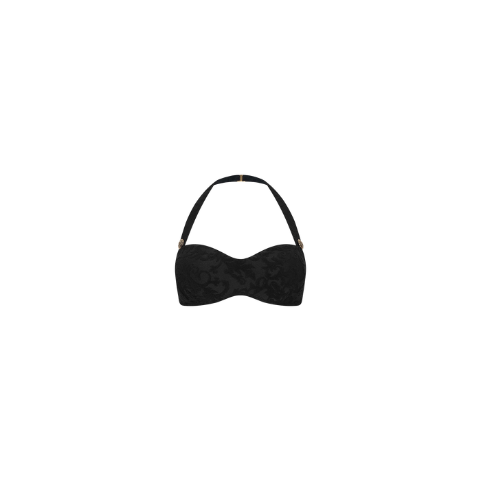 The Sally Bandeau Top is a black strapless bra with a detachable halter strap, adorned with a subtle floral pattern on the cups that channels retro glamour, and is showcased against a plain white background.