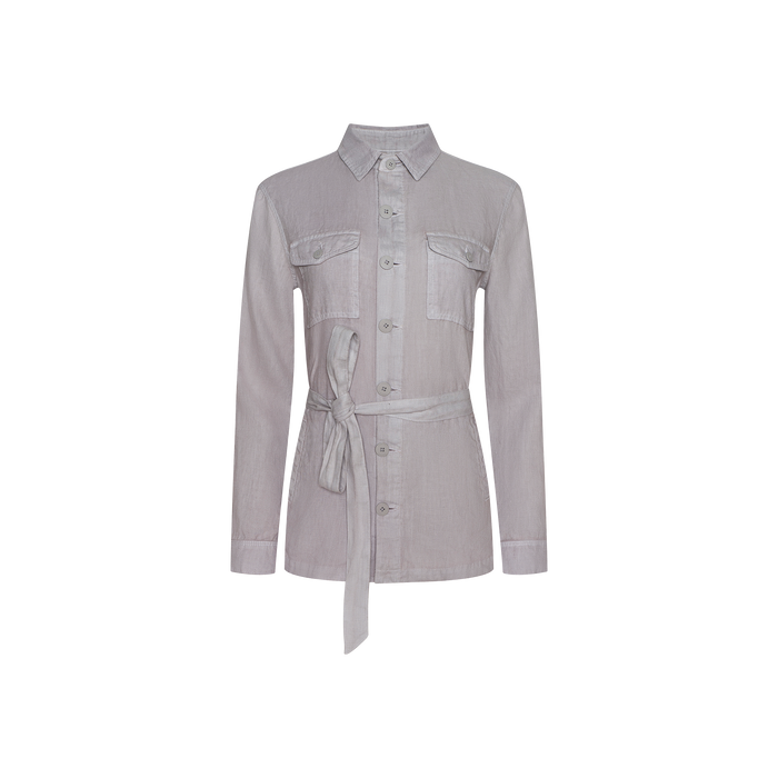 The Samaya Linen Jacket is a light gray, long-sleeve utility style featuring a collar, chest pockets, and a matching fabric belt tied at the waist. Shown against a plain white background.