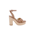 The Sandrine Platform Sandal showcases a beige design with a thick heel and ankle strap secured by a buckle, complemented by dual front straps. Its heel and platform feature a textured, raffia-wrapped wedge style.