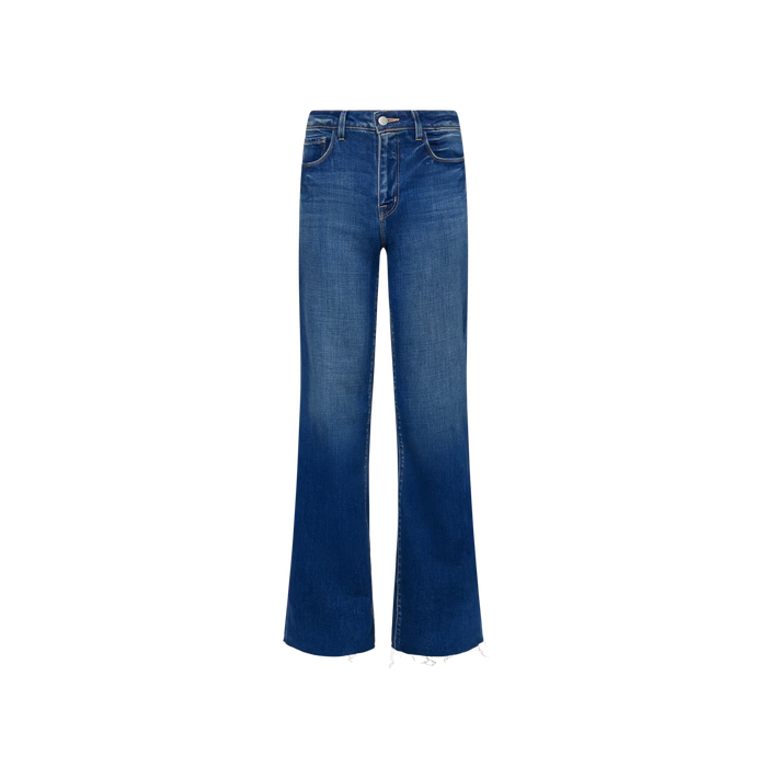 The Scottie Wide-Leg Jean features a blue vintage-wash denim with a high-rise fit, slight flare at the hem, front pockets, and button closure, shown against a plain white background.