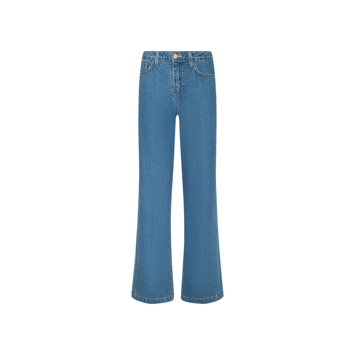 The Scottie Wide-Leg Jean is a blue, high-waisted jean crafted from all-cotton denim in a medium wash. It features front pockets and a button closure, and is displayed on a plain white background.