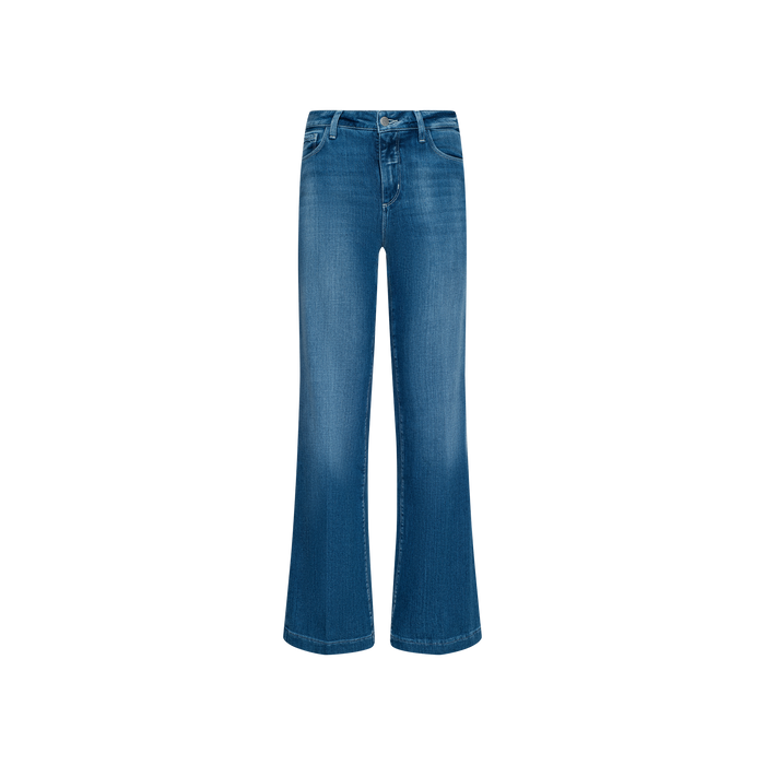 A pair of Scottie Wide-Leg Jeans in blue stretch denim, featuring a comfortable high-rise fit and a subtle flare at the bottom, shown front-facing against a plain white background.