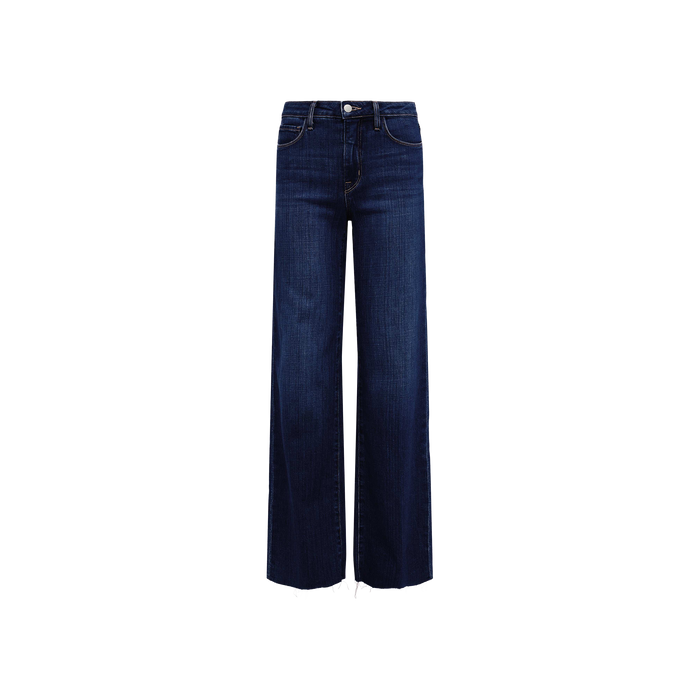 The Scottie Wide-Leg Jean features a high-rise waist and wide-leg silhouette, crafted from premium stretch denim in a deep blue wash with a button closure, and is displayed against a plain white background.
