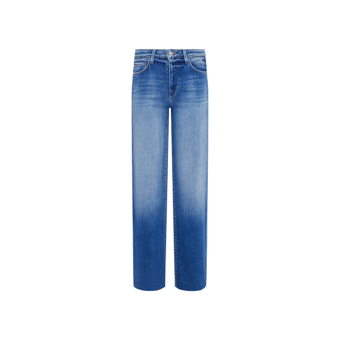 The Scottie Wide-Leg Jean features a high-rise fit, wide-leg silhouette, a blue faded wash effect, and raw hem, displayed against a plain white background.