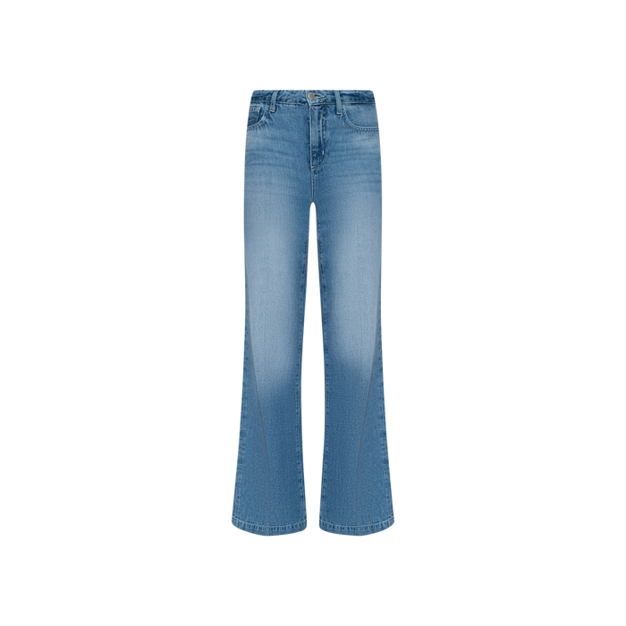 The Scottie Wide-Leg Jean is showcased on a plain white background, featuring a light blue wash, high-rise fit, wide-leg silhouette, all-cotton denim construction with subtle front fading, and classic five-pocket styling.
