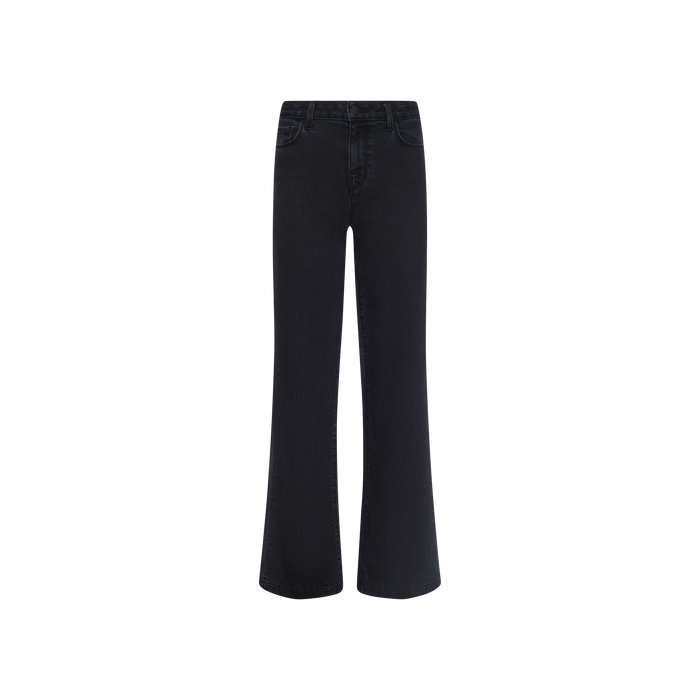 The Scottie Wide-Leg Jean is a black, high-waisted style with a contoured waistband and both front and back pockets, expertly crafted from stretch denim and displayed against a plain white background.