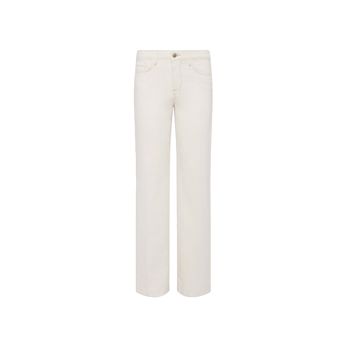 A pair of Scottie Wide-Leg Jeans in white is displayed against a plain white background. These high-rise jeans feature a wide-leg silhouette, button and zipper closure, front pockets, and belt loops.
