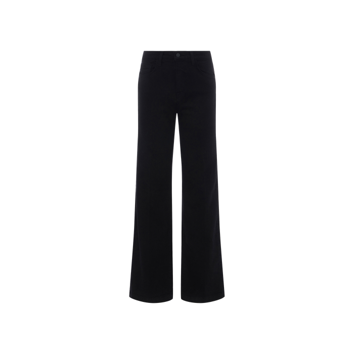 The Scottie Wide-Leg Jean is a pair of black high-rise, wide-leg jeans crafted from premium stretch denim, featuring button and zipper closure with front pockets, showcased on a plain white background.