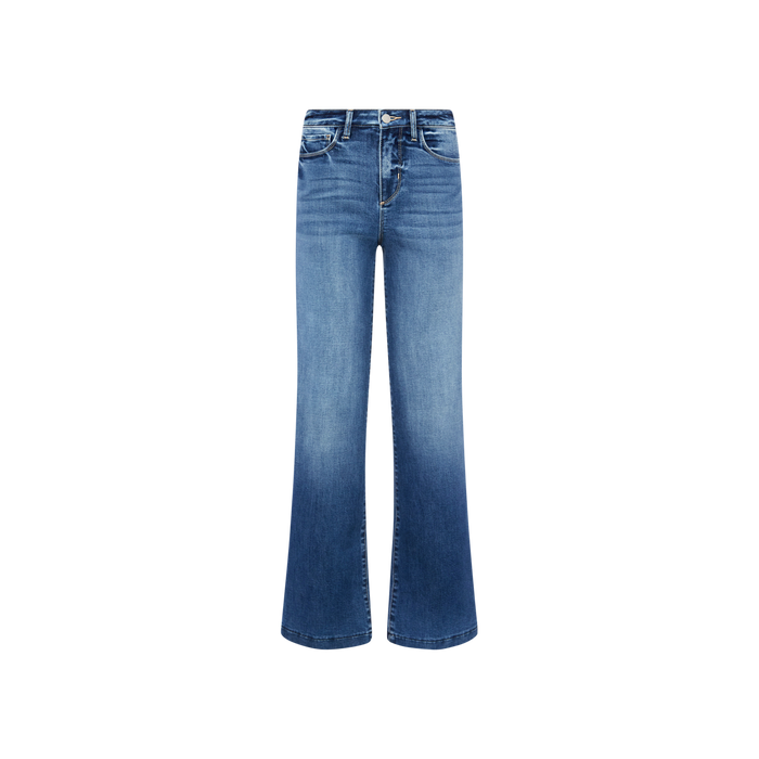 The Scottie Wide-Leg Jean is a high-rise blue denim style featuring a wide-leg silhouette, button and zipper closure, front and back pockets, and a center-faded wash. Made from stretch denim for comfort, the jeans are shown against a plain white background.