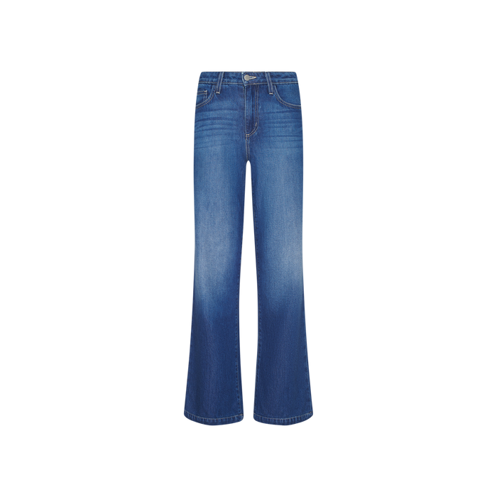 The Scottie Wide-Leg Jean, shown on a white background, features an indigo wash, high-rise waist, front zipper and button closure, and both front and back pockets.