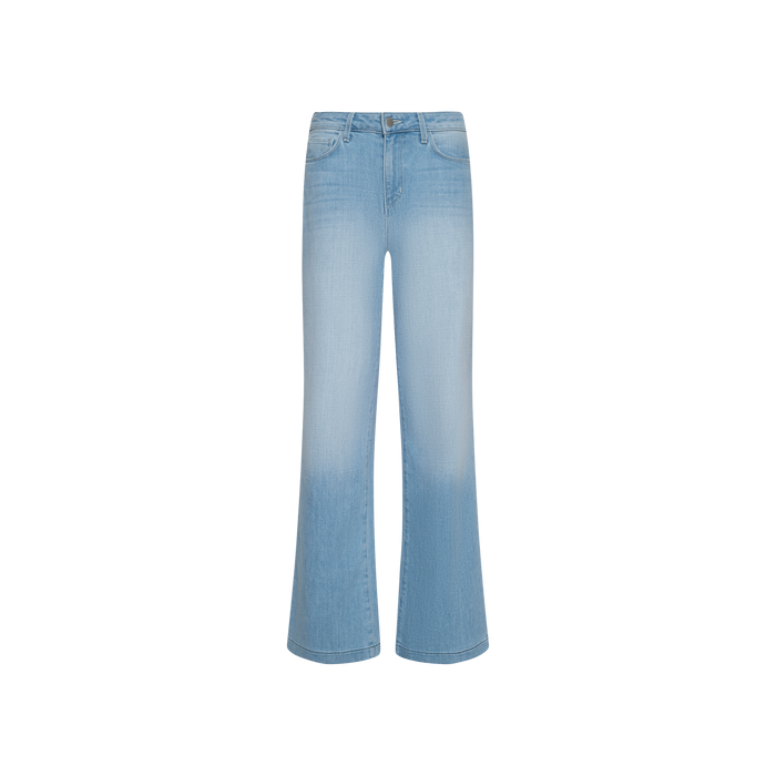 Scottie Wide-Leg Jean in light blue features a high-waisted, wide-leg silhouette crafted from stretch denim with a contoured waistband, a faded wash, front button and zipper closure, and a classic five-pocket design, displayed against a plain white background.