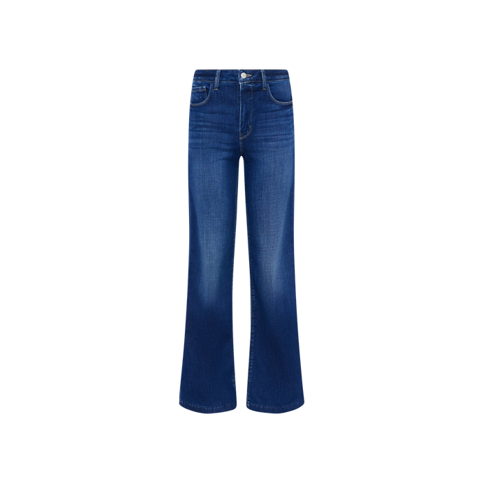The Scottie Wide-Leg Jean is a high-waisted blue jean featuring a contoured waistband, button and zipper fly, front and back pockets, and wide legs. Crafted from stretch denim with a subtle thigh fade, these jeans are shown against a plain white background.