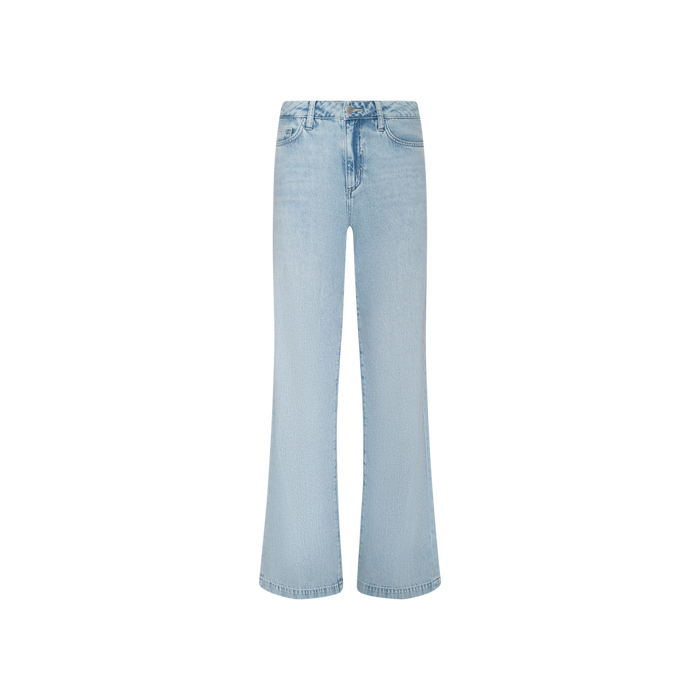 The Scottie Wide-Leg Jean features a light blue wash, high-rise fit, wide-leg silhouette with subtle fading, a classic five-pocket design, and button and zip closure, shown against a plain white background.