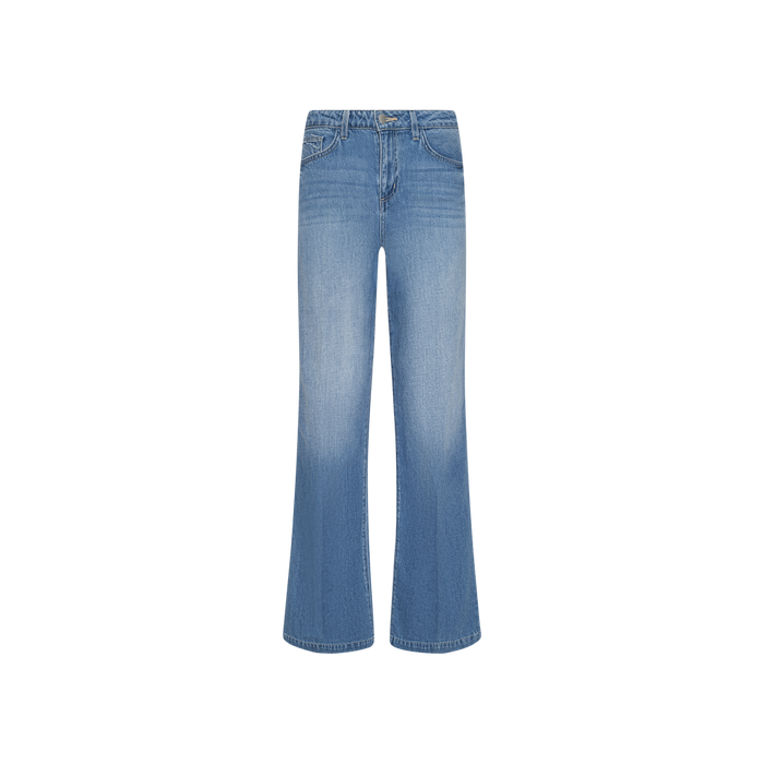 The Scottie Wide-Leg Jean in light blue features a high-waisted, wide-leg silhouette crafted from light wash denim with a contoured waistband and a subtle faded effect on the front, displayed against a plain white background.