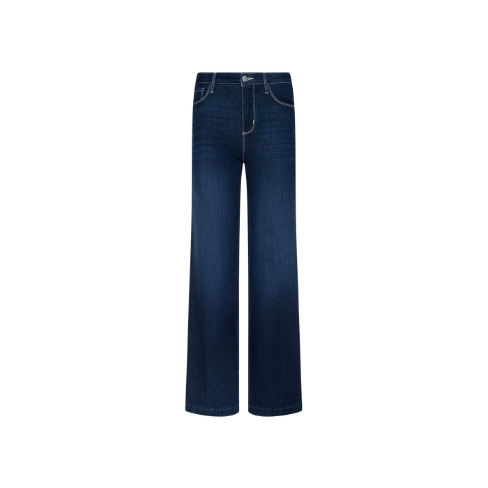 The Scottie Wide-Leg Jean is crafted from super stretch dark blue denim with a high-rise waist and wide-leg silhouette, showcased against a plain white background. These jeans feature a classic button and zip fly closure, along with contrast white stitching at the pockets.