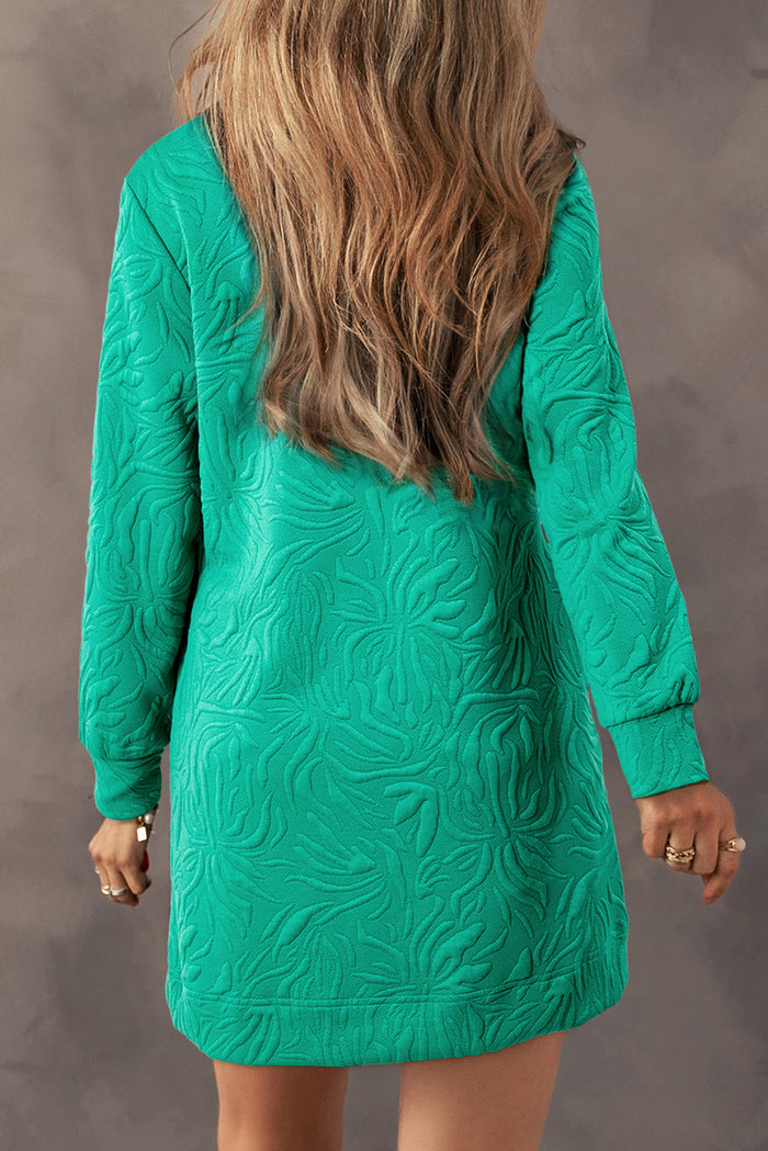 Sea Green Jacquard Textured Quarter Zipper Pop of Color Neckline Dress Shewin