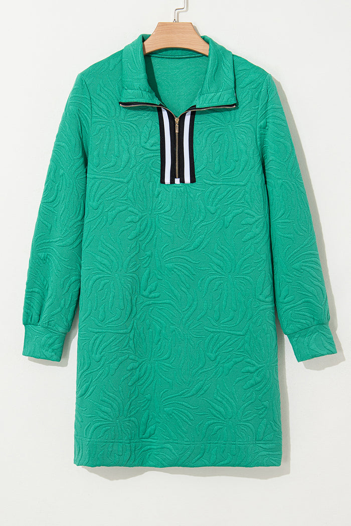 Sea Green Jacquard Textured Quarter Zipper Pop of Color Neckline Dress Shewin