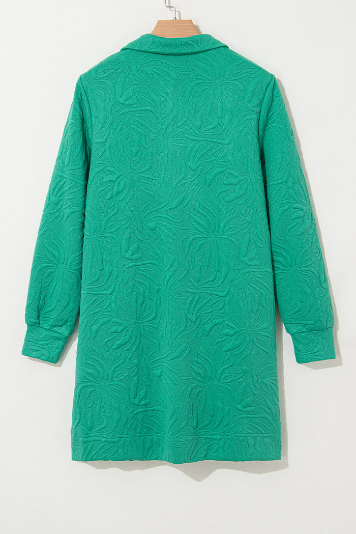 Sea Green Jacquard Textured Quarter Zipper Pop of Color Neckline Dress Shewin