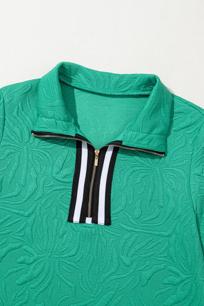 Sea Green Jacquard Textured Quarter Zipper Pop of Color Neckline Dress Shewin