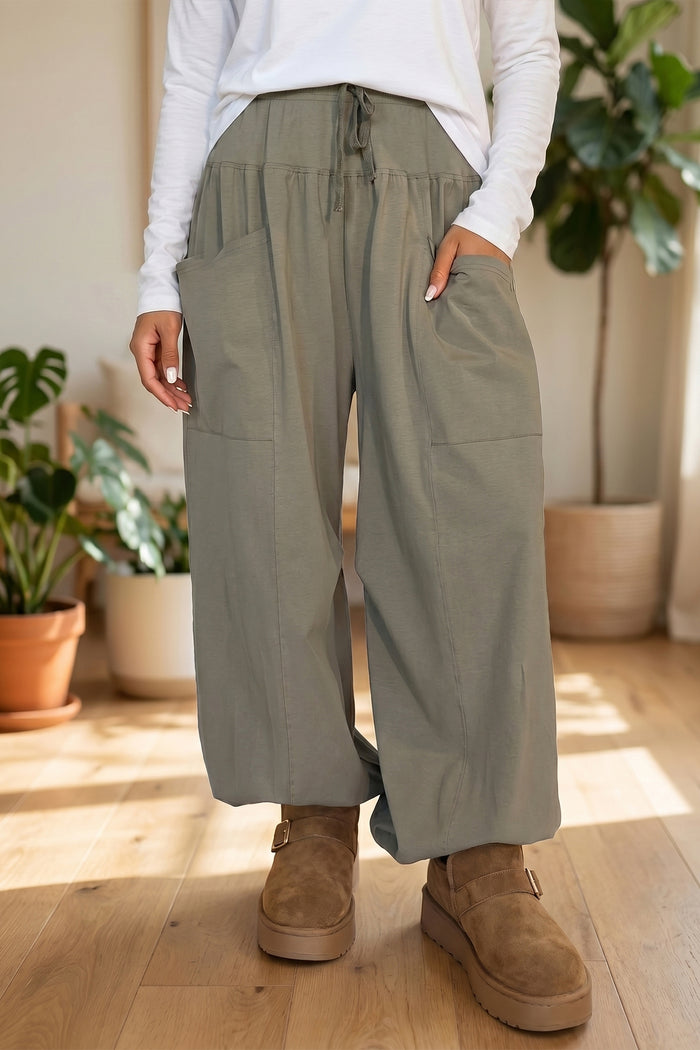Seagrass Elastic Waist Drawstring Wide Leg Full Length Pants Shewin