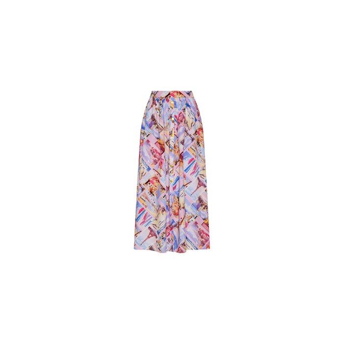 The Seina Poplin Midi Skirt is a long, high-waisted skirt crafted from poplin and adorned with a vibrant, multicolored abstract print in shades of blue, pink, and red. The skirt is displayed on a plain white background.