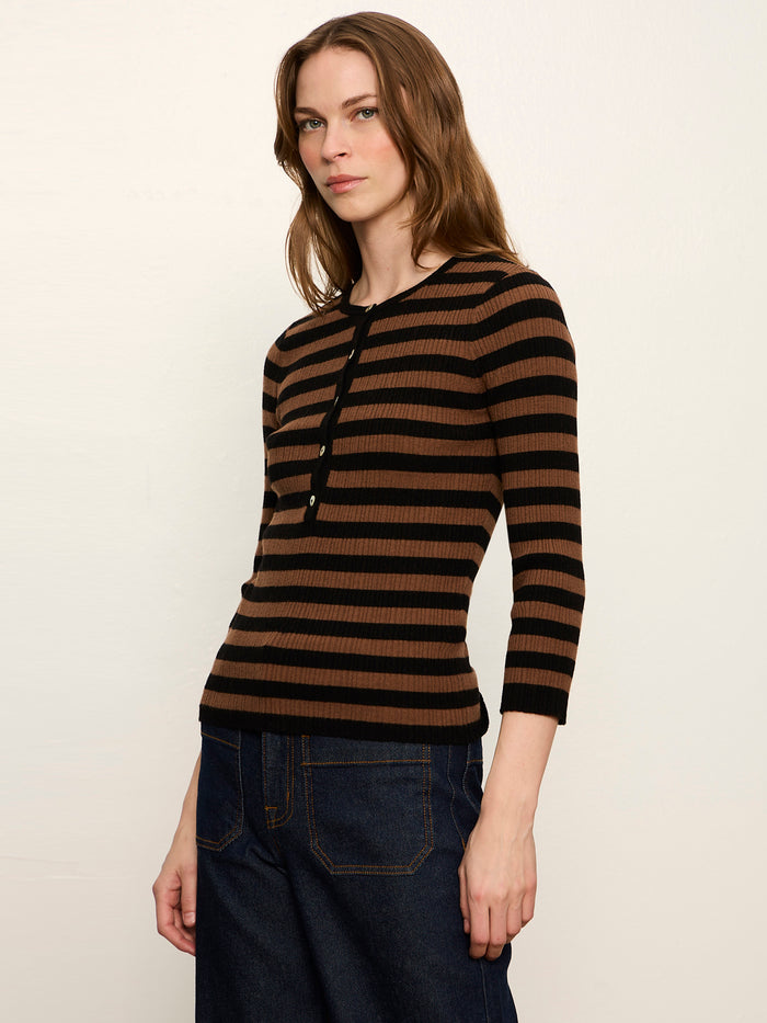 Selena Henley Top Black / Cocoa Powder Stripe