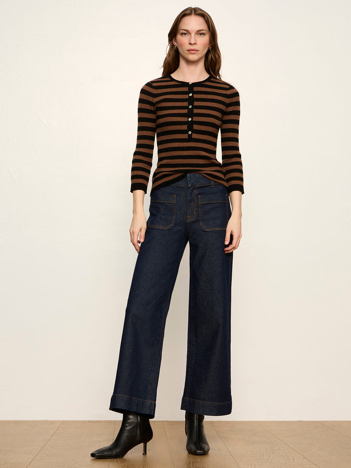 Selena Henley Top Black / Cocoa Powder Stripe