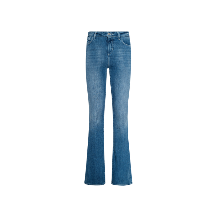 The Selma Bootcut Jean is a pair of medium wash jeans featuring a slight flare at the bottom, a classic five-pocket design, and a fitted waist, displayed against a plain white background.