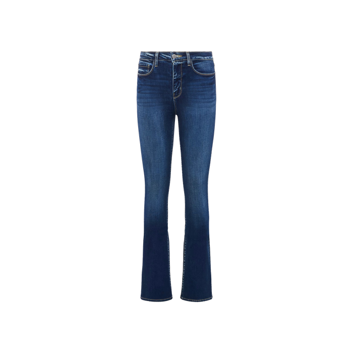 The Selma Bootcut Jean is a pair of blue high-rise jeans crafted from stretch denim with slight fading, designed to fit through the thighs and finished with a slim bootcut at the hem, shown on a plain white background.