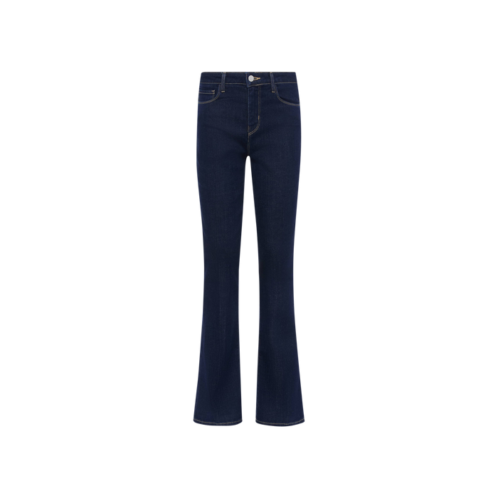 Selma Bootcut Jean in dark blue features a high-rise fit, front and back pockets, contrast stitching, and a button and zipper closure. Crafted from stretch denim and showcased against a plain white background.