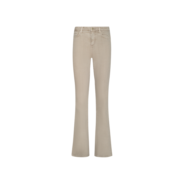 The Selma Bootcut Jean in beige features a high-waisted fit, straight-leg silhouette crafted from stretch denim, five pockets, belt loops, and a contoured waistband, presented against a plain white background.