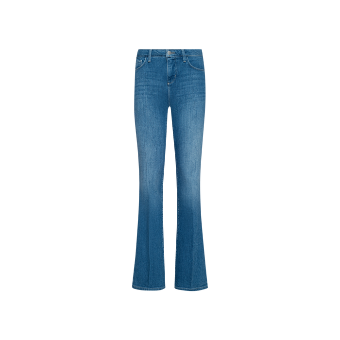 The Selma Bootcut Jean, featuring blue stretch denim, a slight flare at the bottom, and a contoured waistband, is displayed on a plain white background.
