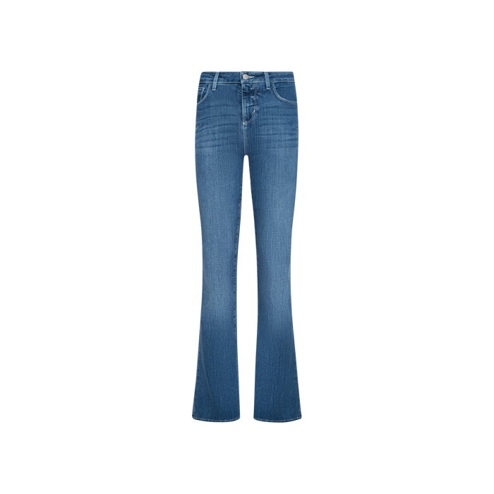 The Selma Bootcut Jean is a pair of dark wash blue denim jeans featuring a high waist and subtle flare at the legs, crafted from super stretch denim, and displayed against a plain white background.
