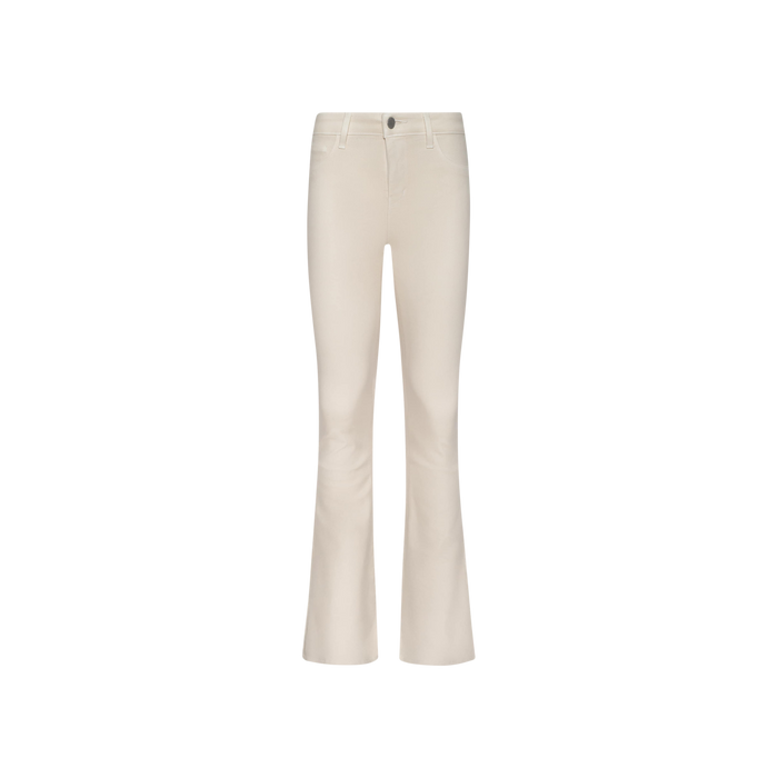 A pair of Selma Coated Bootcut Jeans in off-white, featuring a leather-look finish and straight-leg silhouette, displayed on a plain white background.