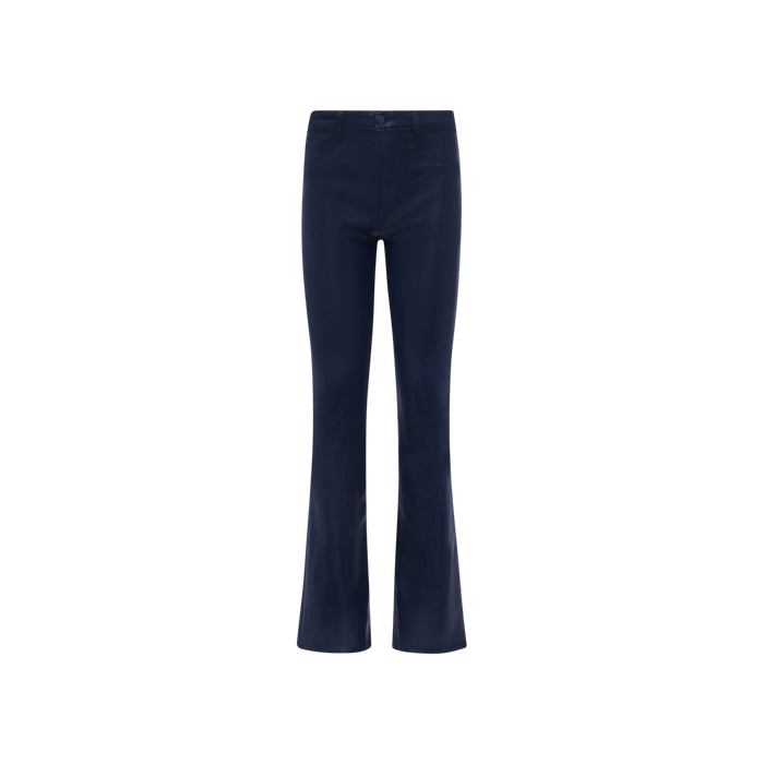 Selma Coated Bootcut Jean in dark blue, featuring a high-rise fit, baby bootcut silhouette, leather-alternative coated denim construction, front pockets, and button closure, displayed on a plain white background.