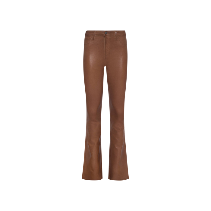 Selma Coated Bootcut Jean in brown, featuring a high-waisted, straight-leg bootcut silhouette, displayed from the front against a plain white background with button and fly closure visible.
