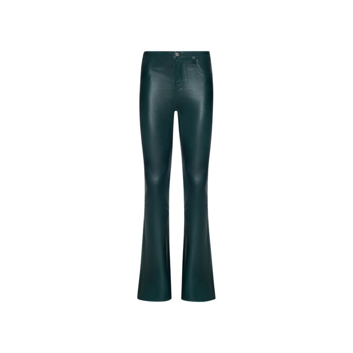 Selma Coated Bootcut Jean in dark green faux leather, featuring a straight-leg bootcut silhouette with front button and zipper closure, styled against a plain white background.