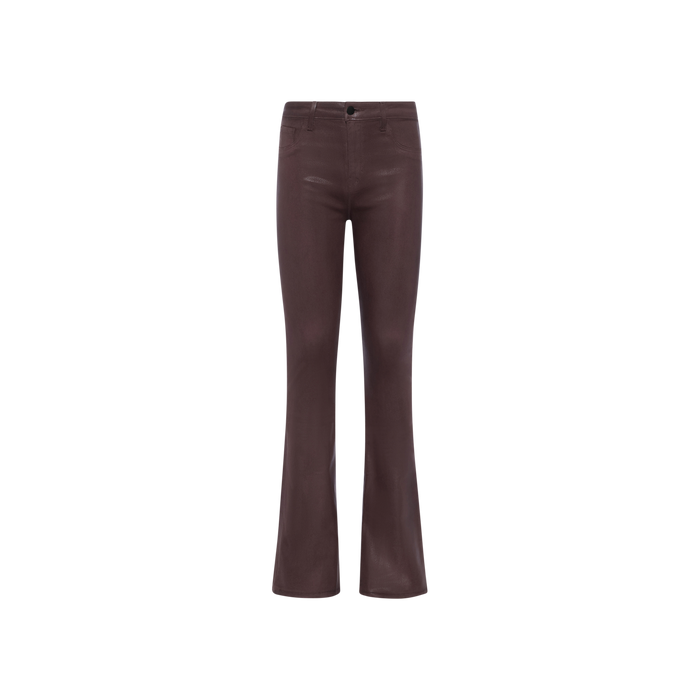 Selma Coated Bootcut Jean displayed against a plain white background. These chocolate brown pants feature front pockets, belt loops, and a button closure at the waist.
