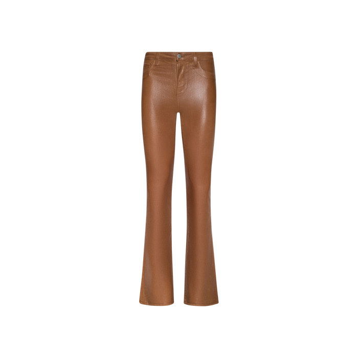 Selma Coated Bootcut Jean in dark java brown faux leather, featuring a high waist, bootcut silhouette, front pockets, and button closure, displayed against a plain white background.